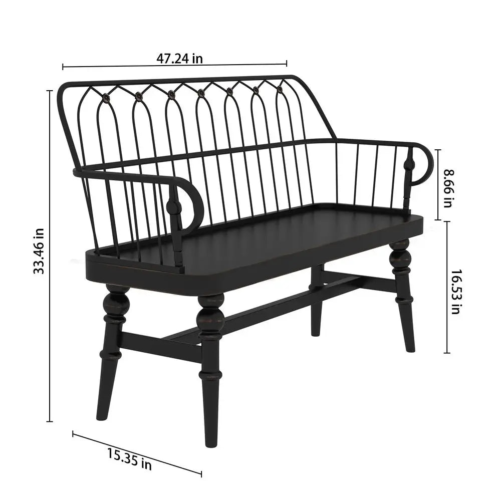 Spindle Back Wood Dining Bench, Armrest, Sculpted Legs