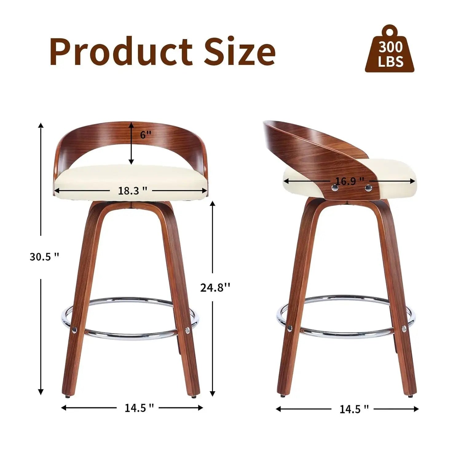 360° Swivel Bar Stools, Low Back Set-of-2, Cherry Wood, Beige PU Upholstered