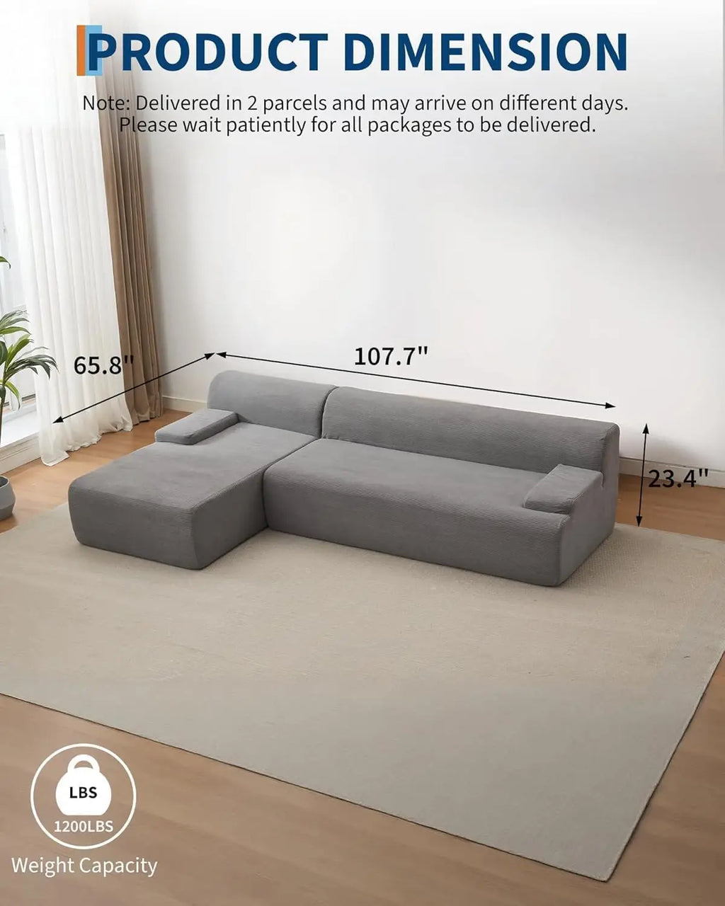 108"  Boneless Corduroy Cloud Sectional Sofa, Left-Facing Chaise, Soft Deep Lounger