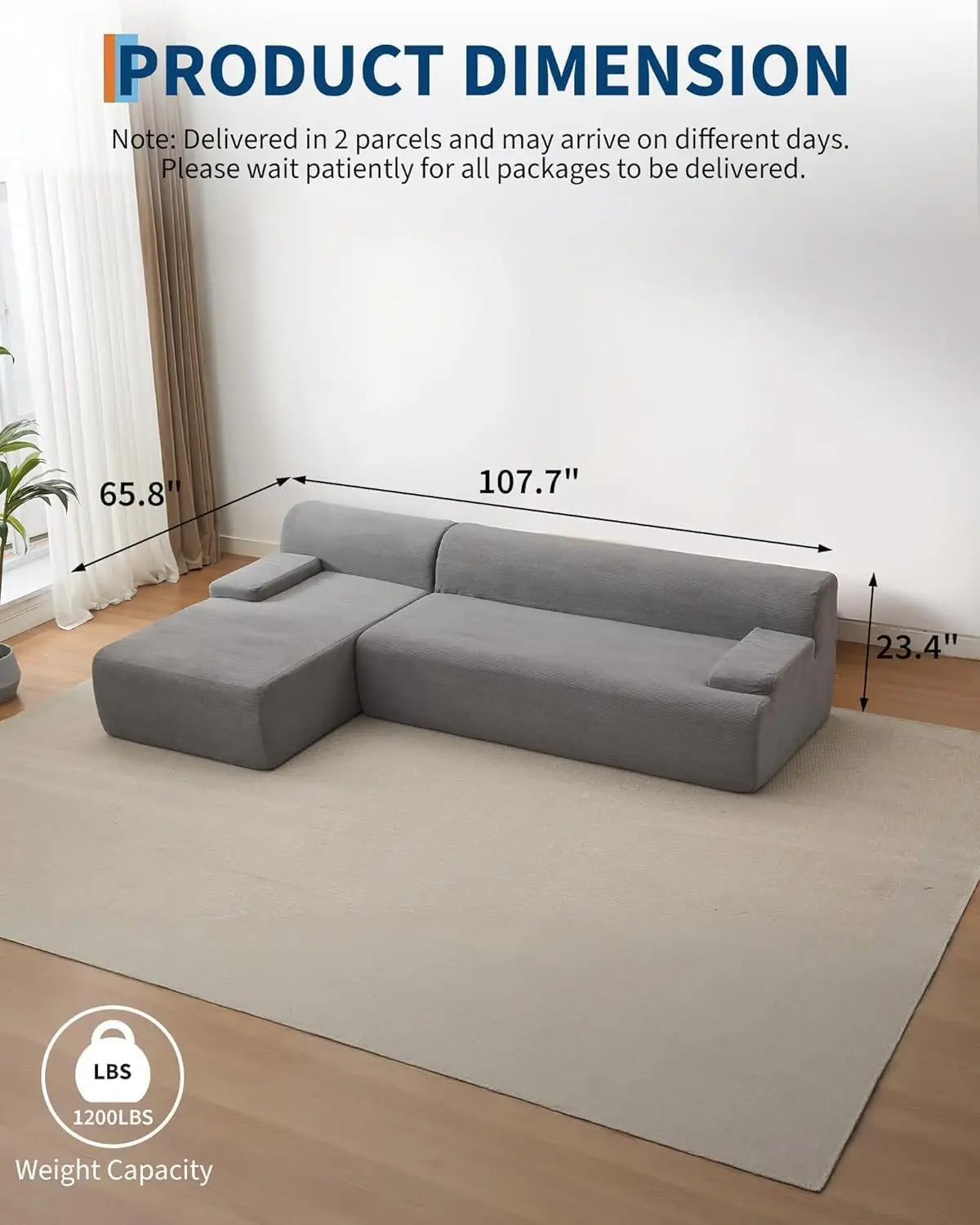 108"  Boneless Corduroy Cloud Sectional Sofa, Left-Facing Chaise, Soft Deep Lounger