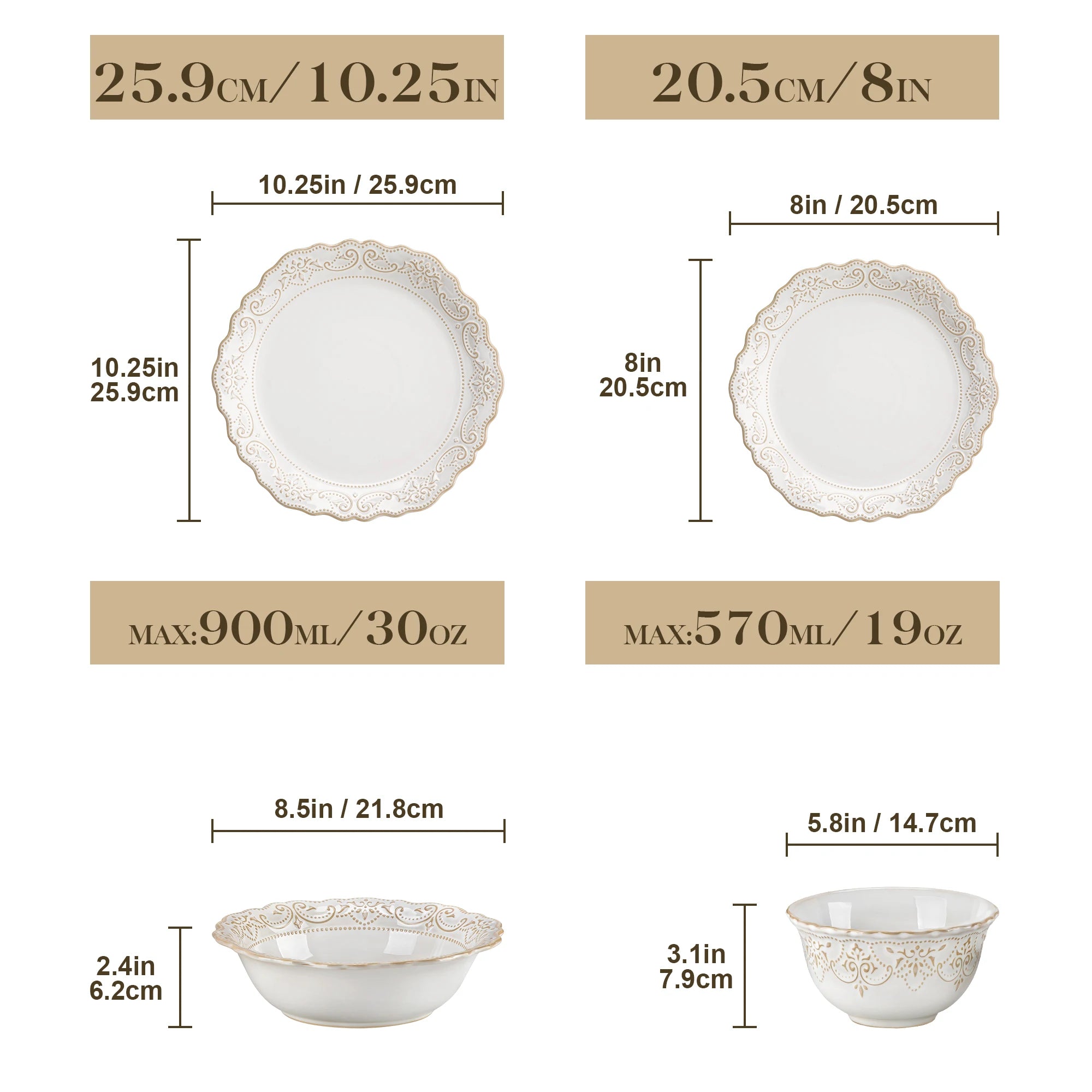 16/32 Piece White Stoneware:  4 Dinner/Dessert/Cereal & Soup Bowls