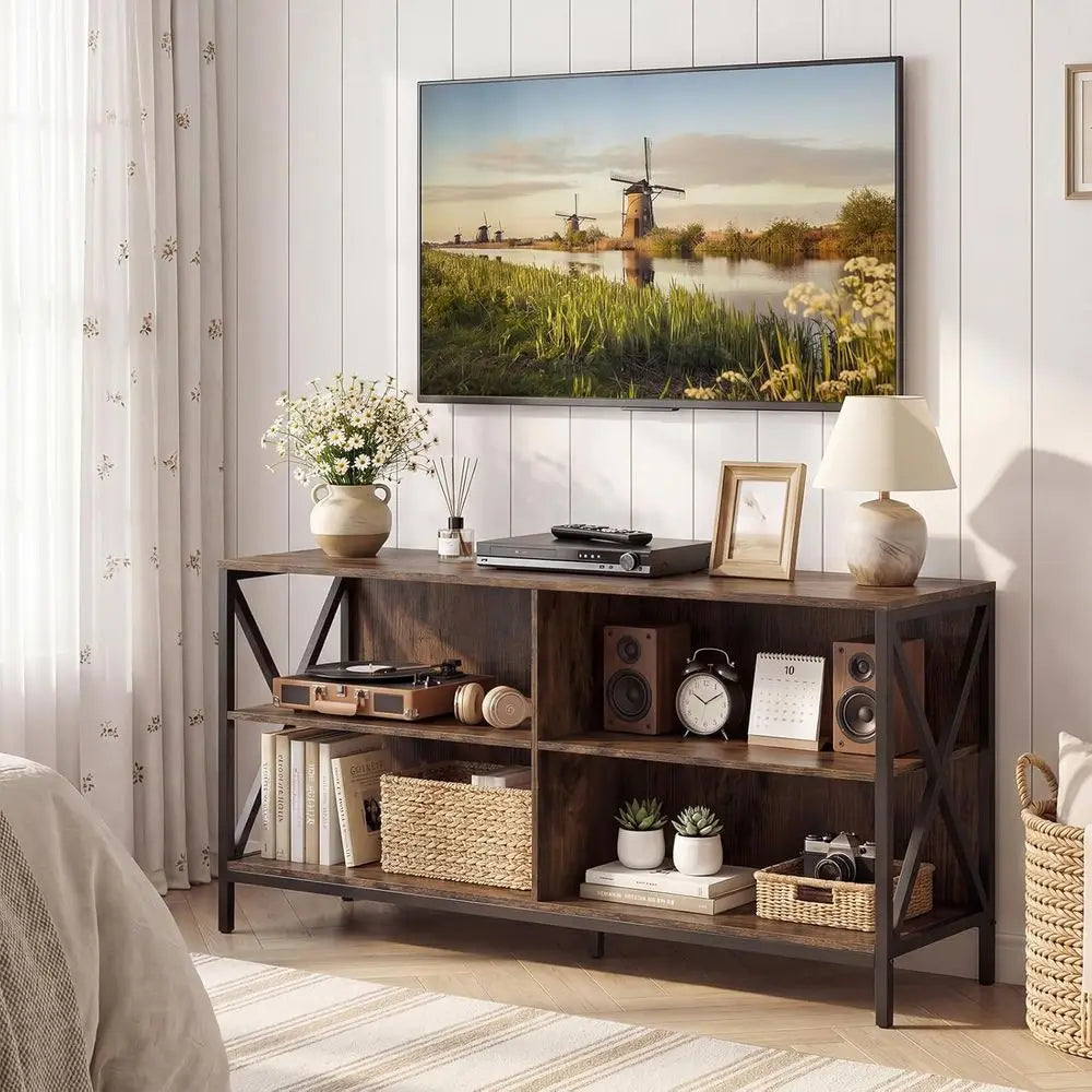 47" Farmhouse Entertainment Center TVs up to 55 Inches, 4 Open Shelves