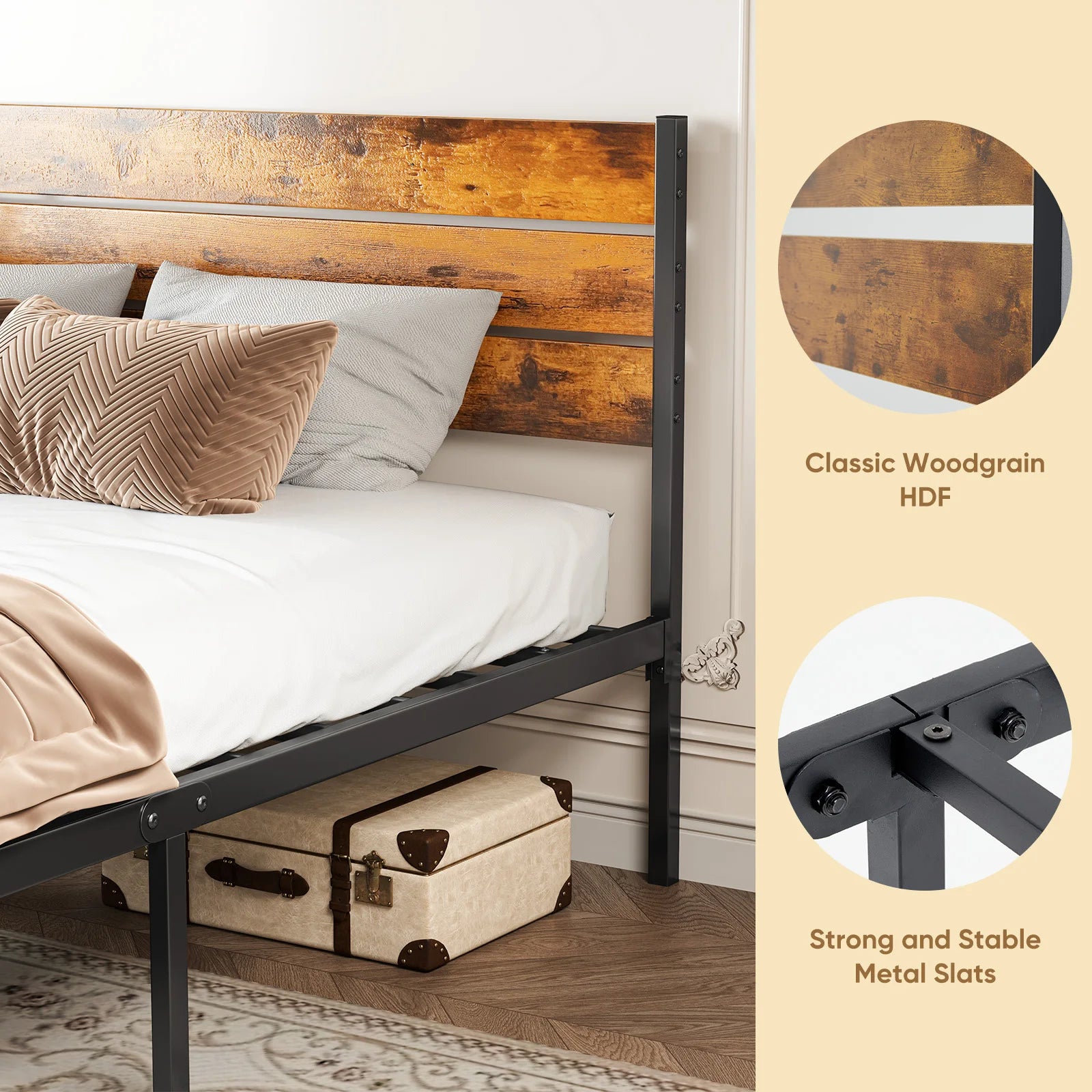 Wood Headboard Metal Platform No Box Spring 700LBS Sturdy Wood Slats