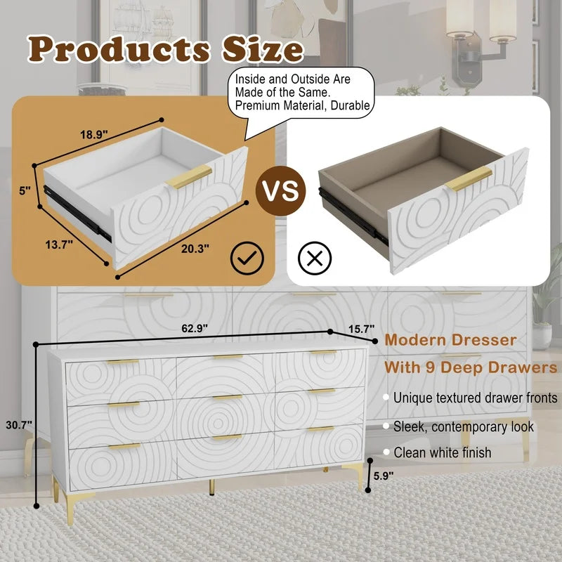 Modern White 9-Drawer Dresser, Metal Handles, Large Storage Chest