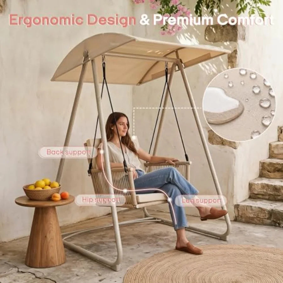 Patio Swing Chair Adjustable Canopy, Heavy-Duty Triangular Frame, Single Seat