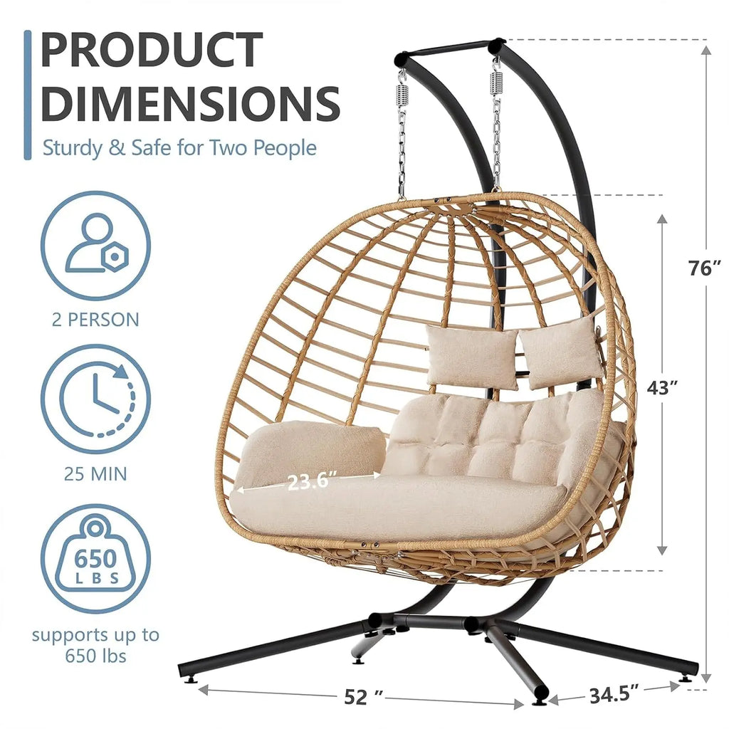 Double Hanging Egg Chair w/Stand, 2 Person Swing Chair w/Cushion