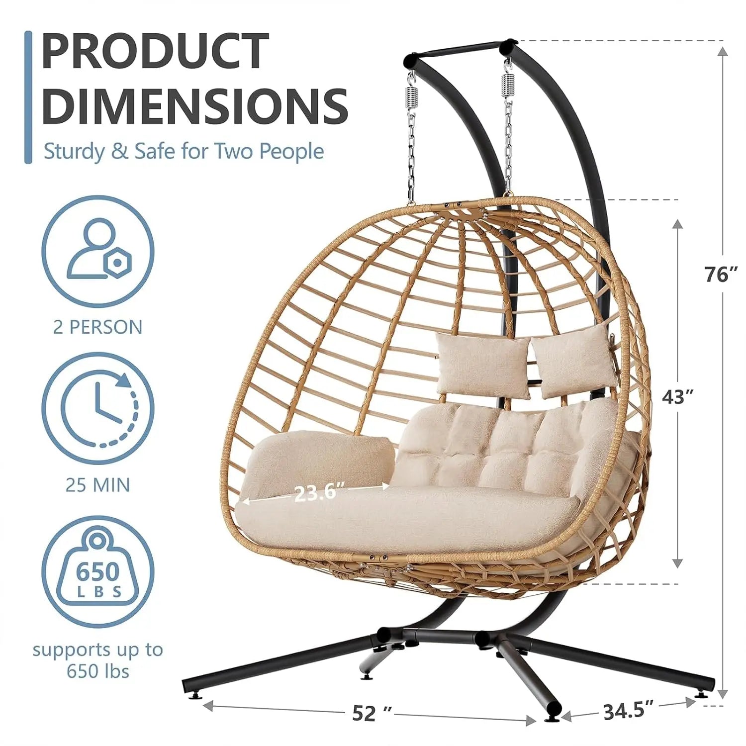 Double Hanging Egg Chair w/Stand, 2 Person Swing Chair w/Cushion