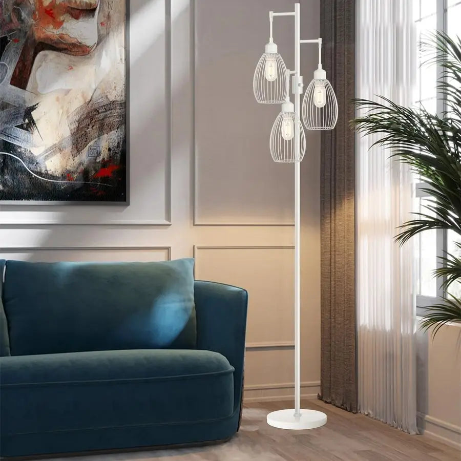 Floor Lamp, 3 x 800LM LED Edison Bulbs Included, Elegant Teardrop Cage