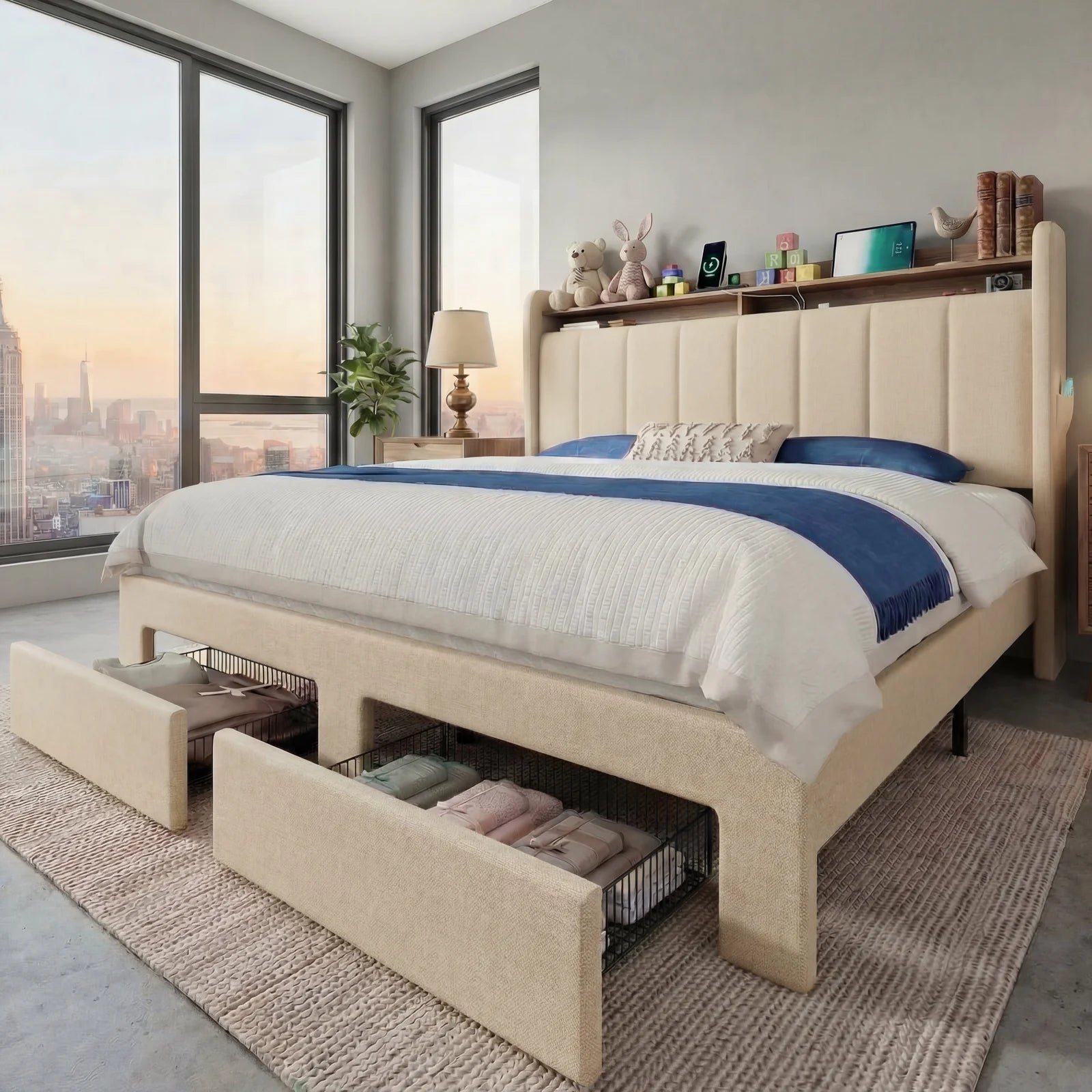 Full/Queen/King Bed Frame, 2-Drawer/2-Tier Shelves LED Lights, Charging Station, No Box Spring
