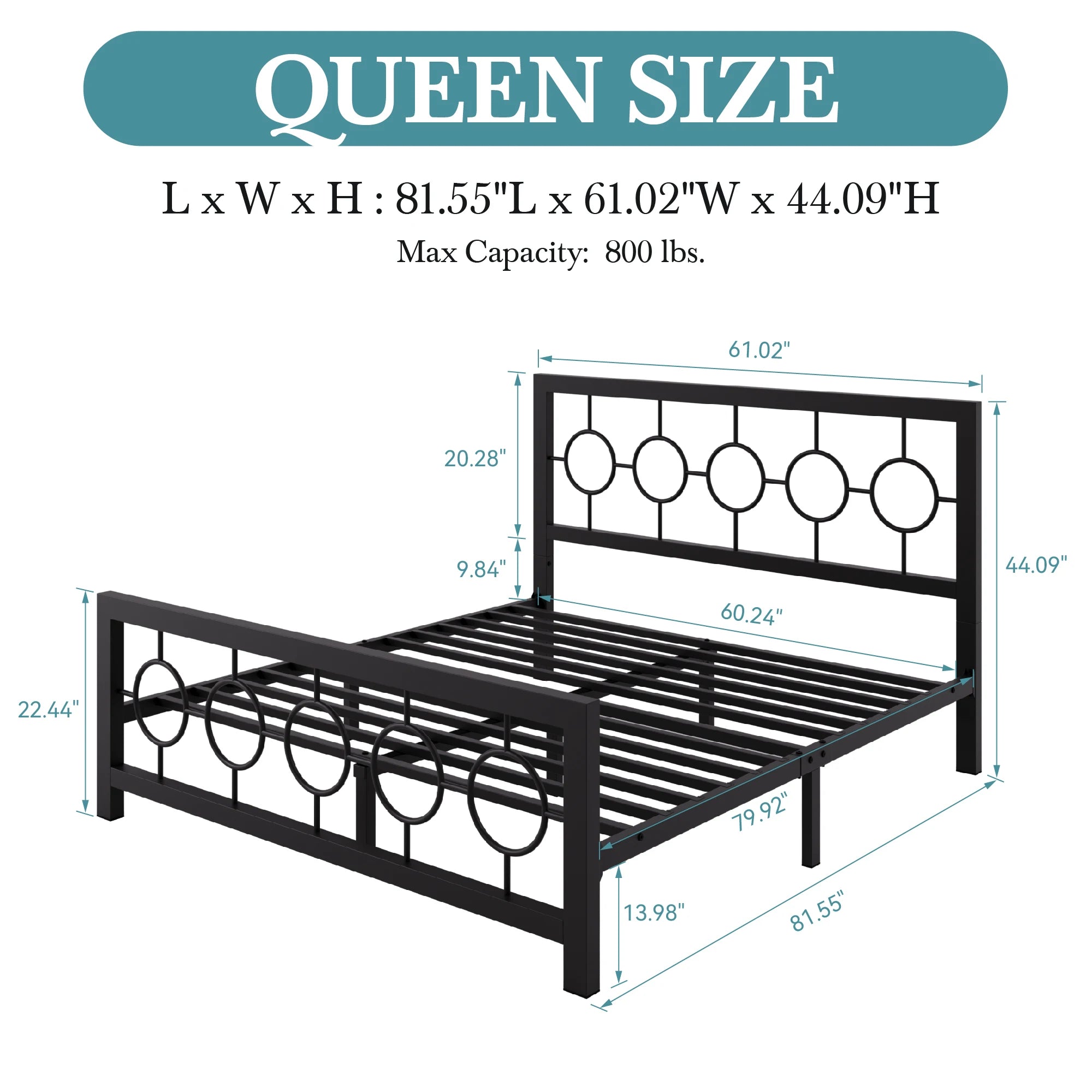 Metal Platform Frame, Circular Design Headboard/Footboard, Under Bed Storage