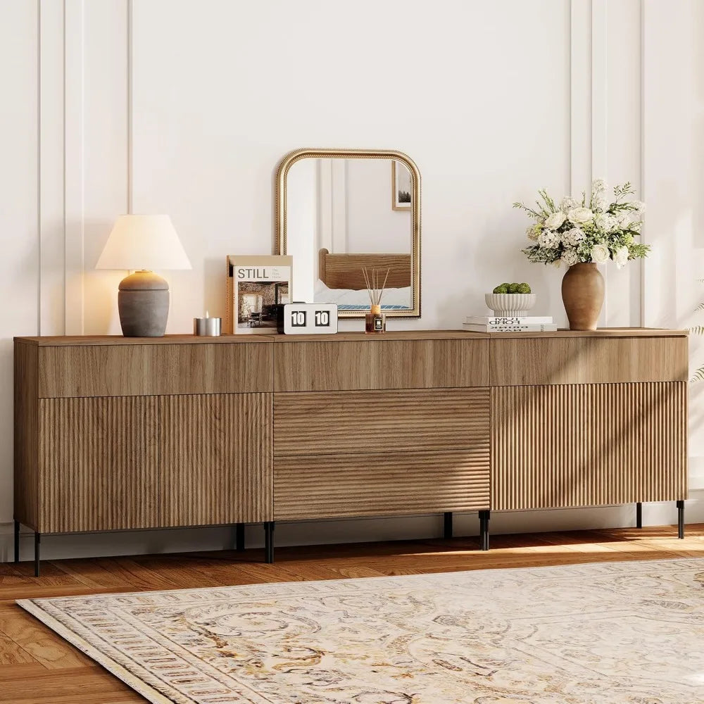 Fluted TV Stand for TVs up to 100IN 3-in-1, Storage Cabinets, 5 Drawers, 4 Doors