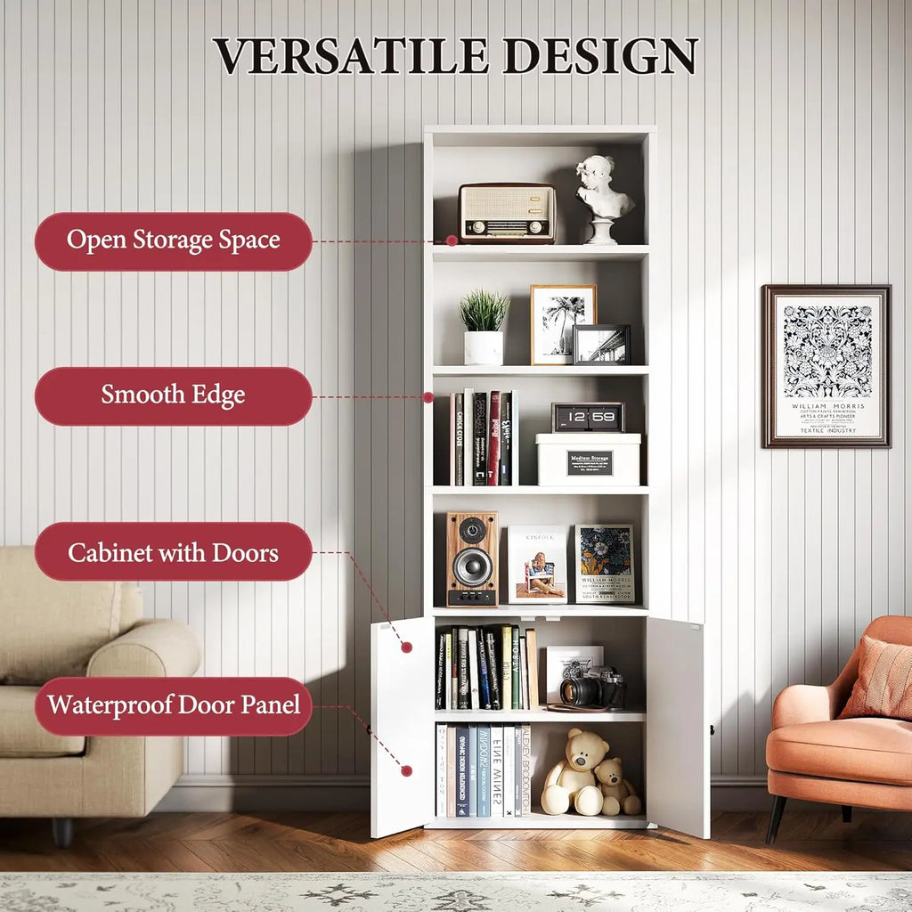 Set of 2, 71.5" 6-Tier Wooden Bookcase, Cabinet Doors,