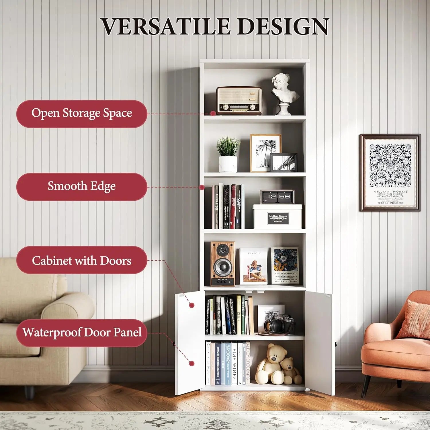Set of 2, 71.5" 6-Tier Wooden Bookcase, Cabinet Doors,