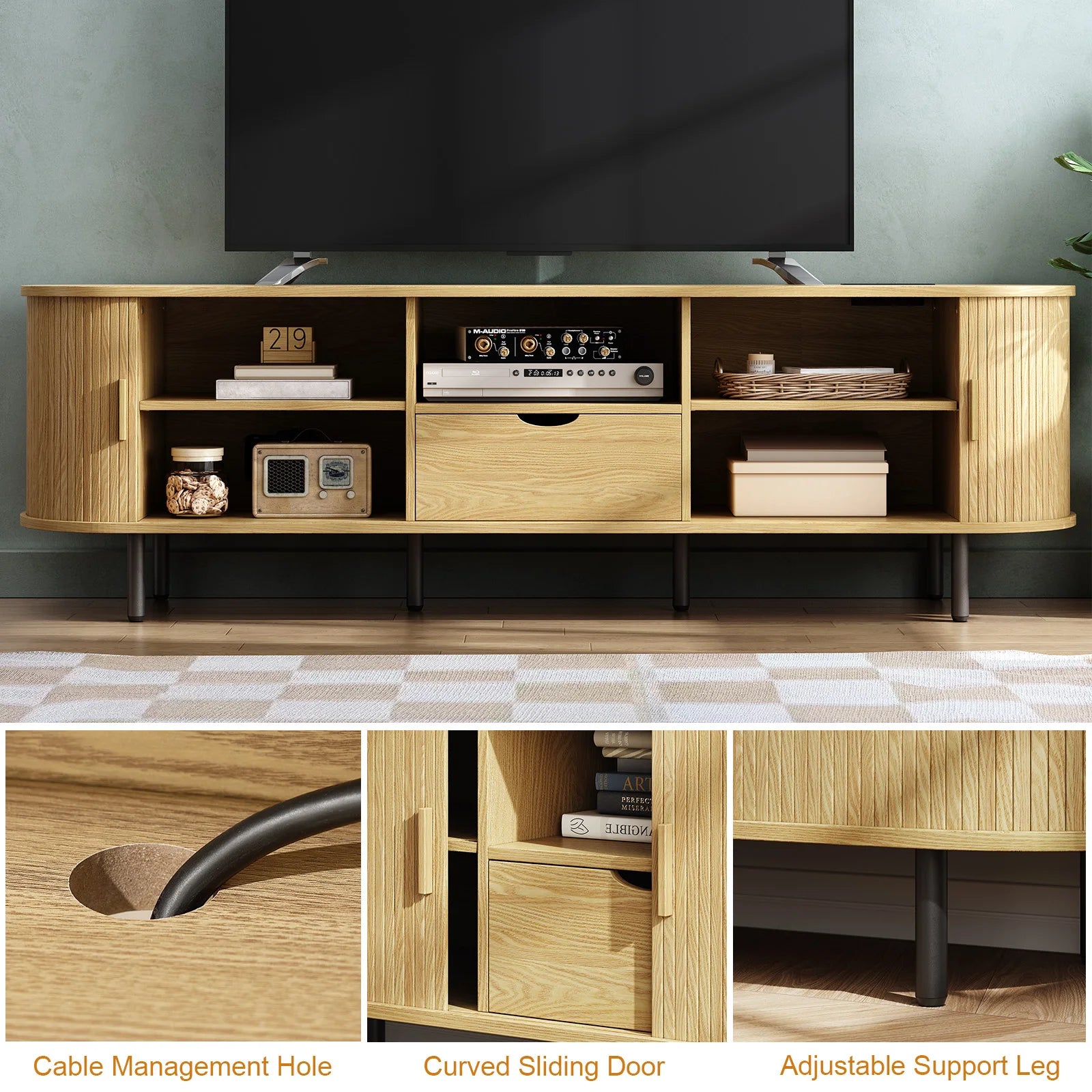 69" TV Stand w/ Power Outlet w/ Storage & Drawer,  Adjustable Shelves