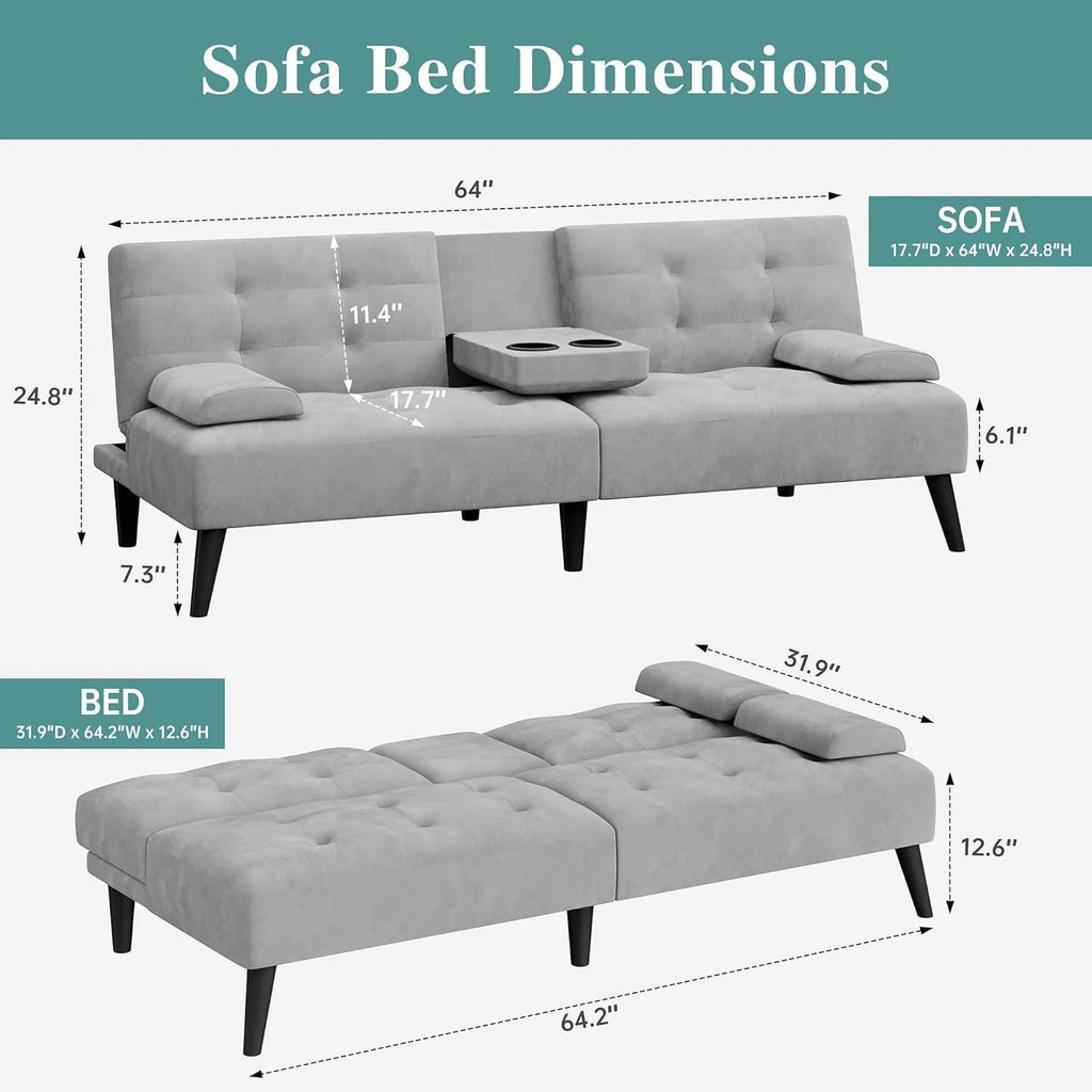 64IN Futon Bed, 2-Cup Holders, 3 Adjustable Angle,  Removable Parts
