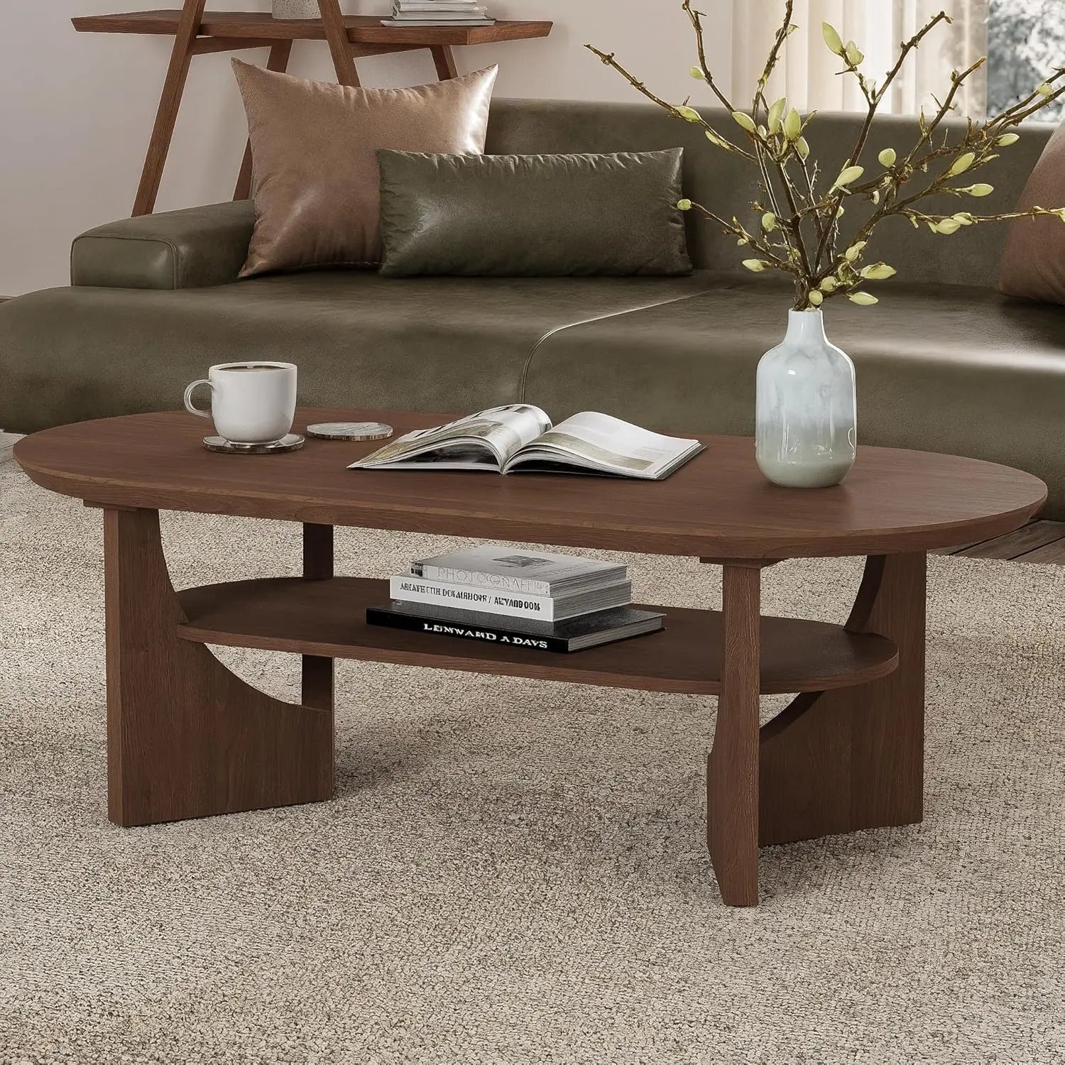 Oval 47IN Coffee Table, 2-Tier Faux Stone, Storage Shelf
