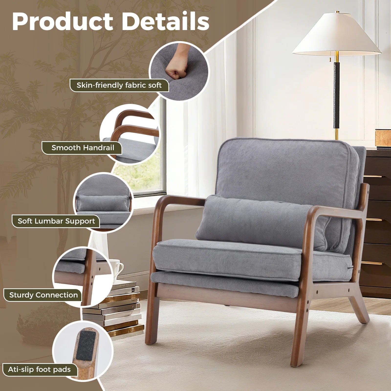 Chair Solid Wooden Frame, Arms and Waist Cushion