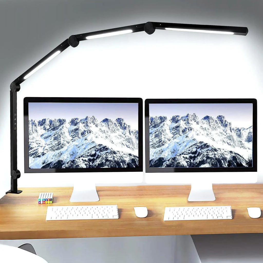 LED Desk Lamp, Clamp, 4 section Swing Arm, Three lights: 4 Colors, 5 Brightness