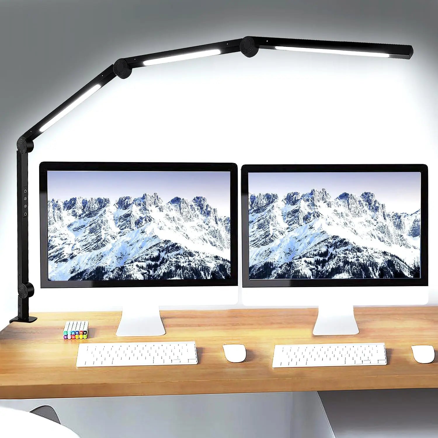 LED Desk Lamp, Clamp, 4 section Swing Arm, Three lights: 4 Colors, 5 Brightness