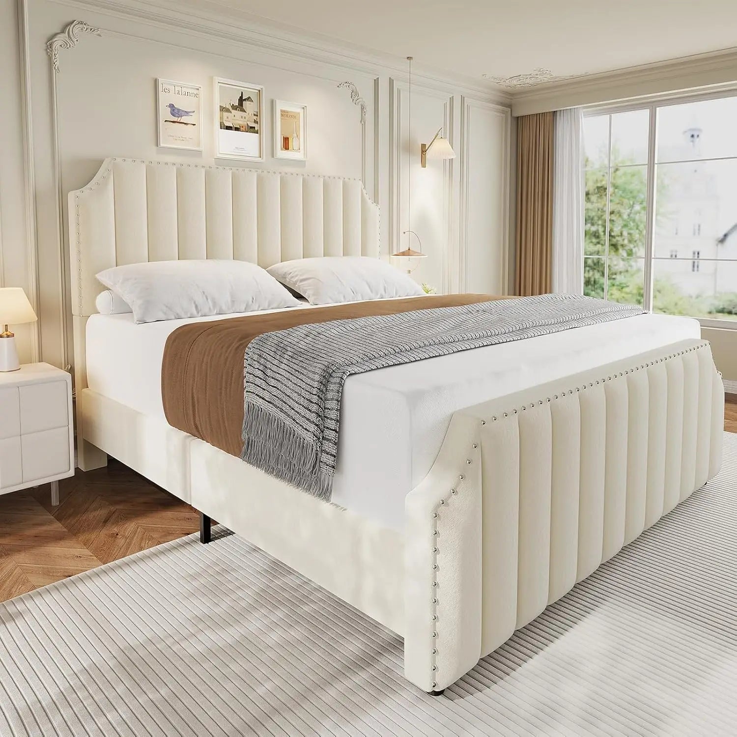 King Velvet Bed Frame 50.2" Upholstered Platform, No Box Spring, Wooden Slats