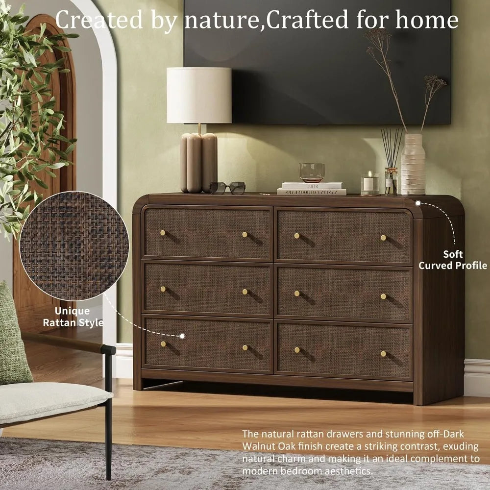 49IN Rattan Dresser, 6-Drawers, Boho Thickened Curved Design, Dark Walnut