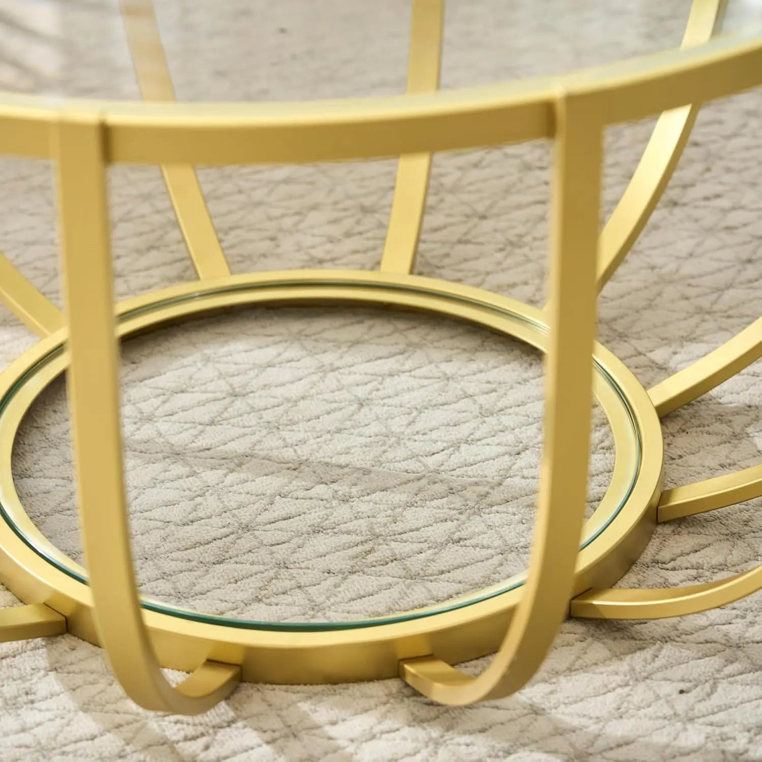 Gold Drum Coffee Table, 2-Tier Tempered Glass Round Center Table, Tinted Glass Top