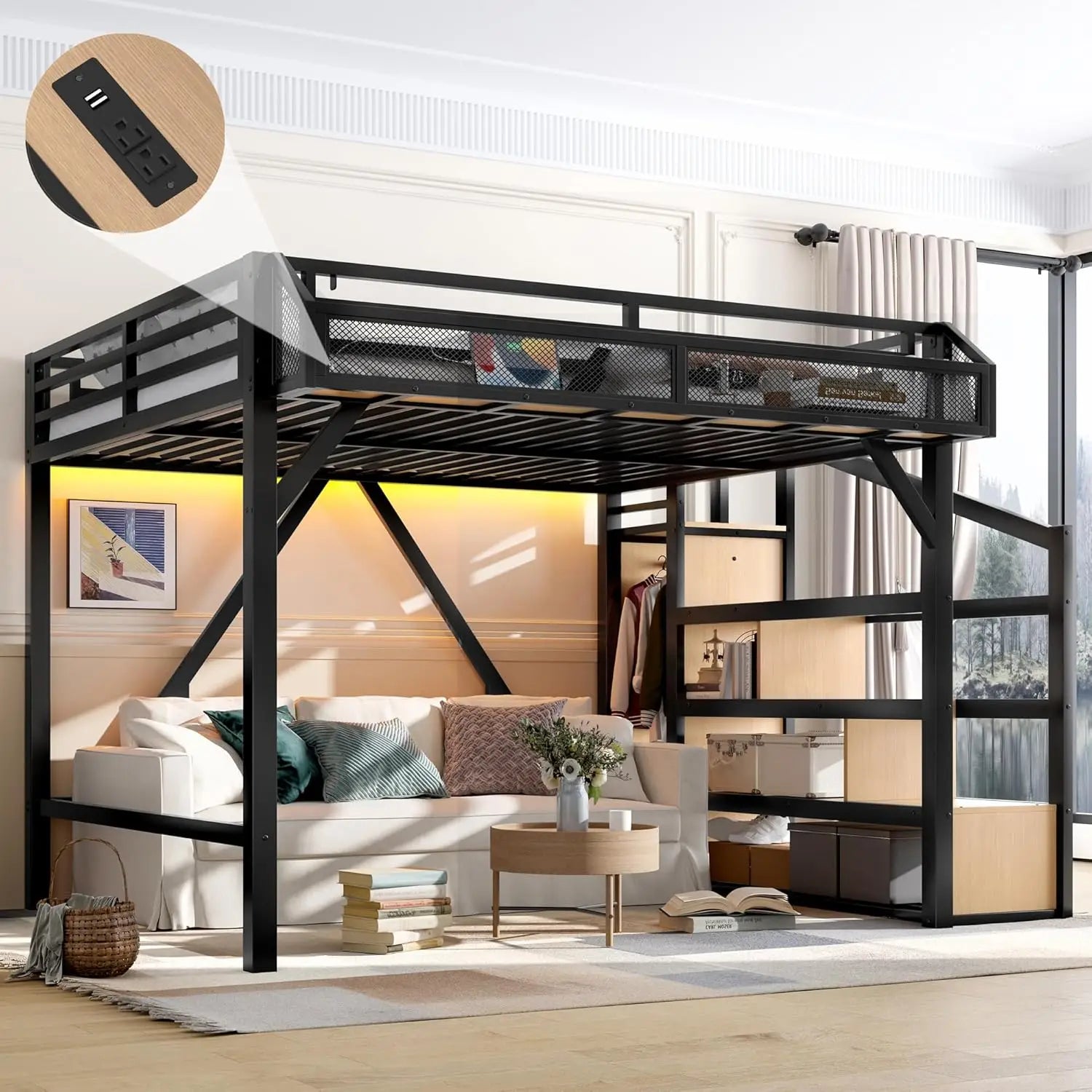 Metal Queen Size Heavy Duty Loft Bed, Stairs, Wardrobe, LED, Charging Station