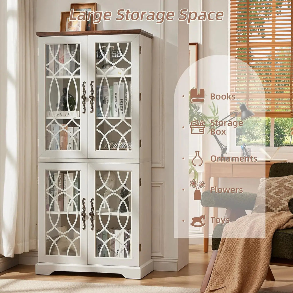 67" Wood Bookshelf Glass Doors 5-Tier Adjustable Shelves , Office White