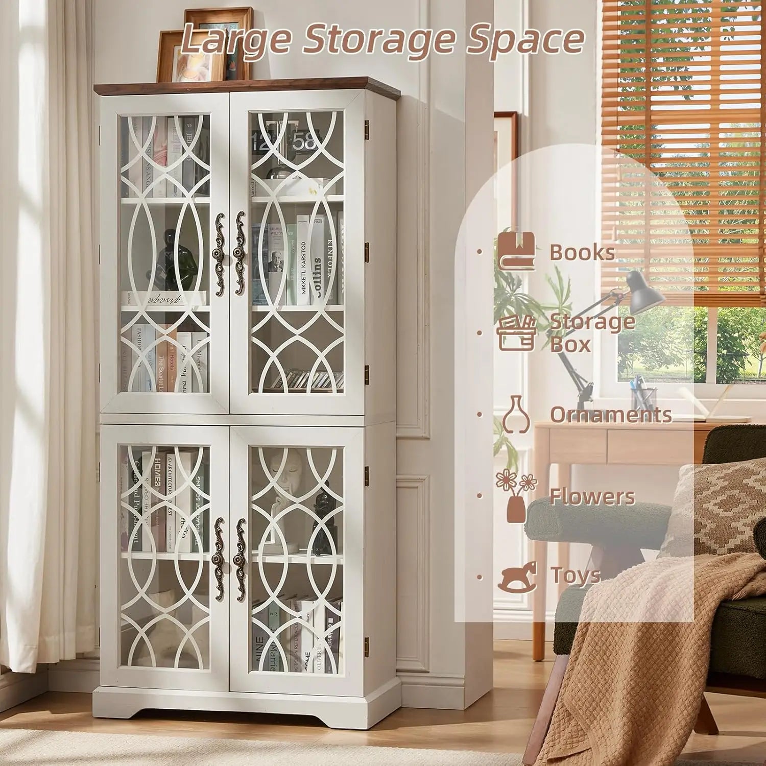 67" Wood Bookshelf Glass Doors 5-Tier Adjustable Shelves , Office White