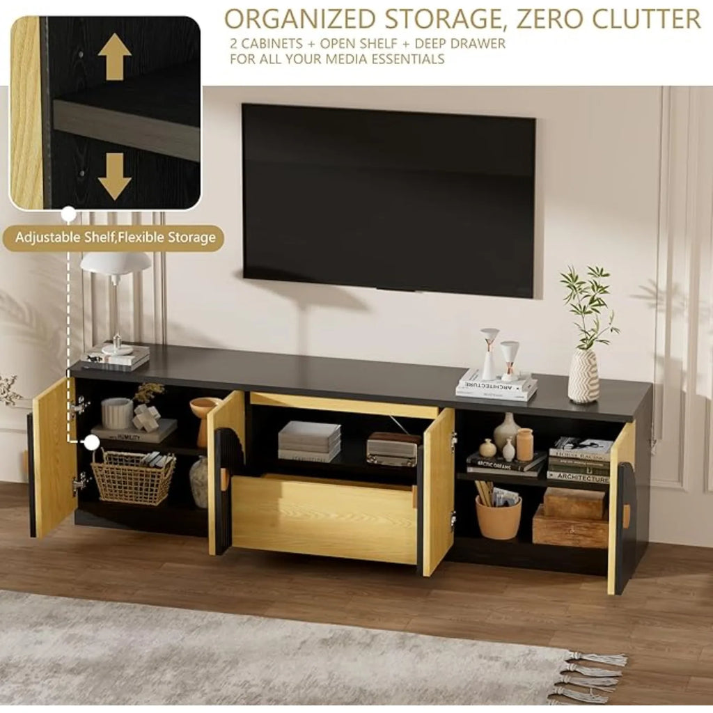70IN Fluted TV Stand, Curved Profile, 2-Drawers, Storage Cabinets