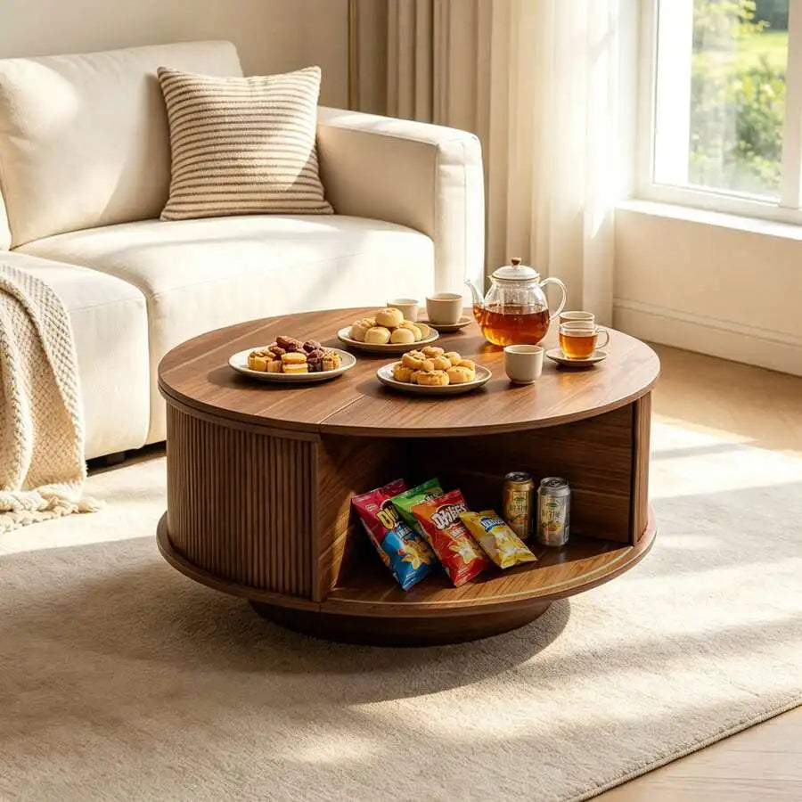 31.5" Lift Top Coffee Table, Fluted, Sliding Tambour Door Hidden Storage