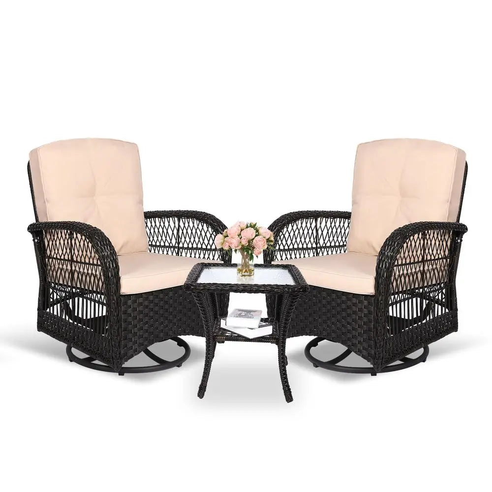 3-Piece Wicker Swivel Rocker Patio Set, Thickened Cushion, Glass Top Table