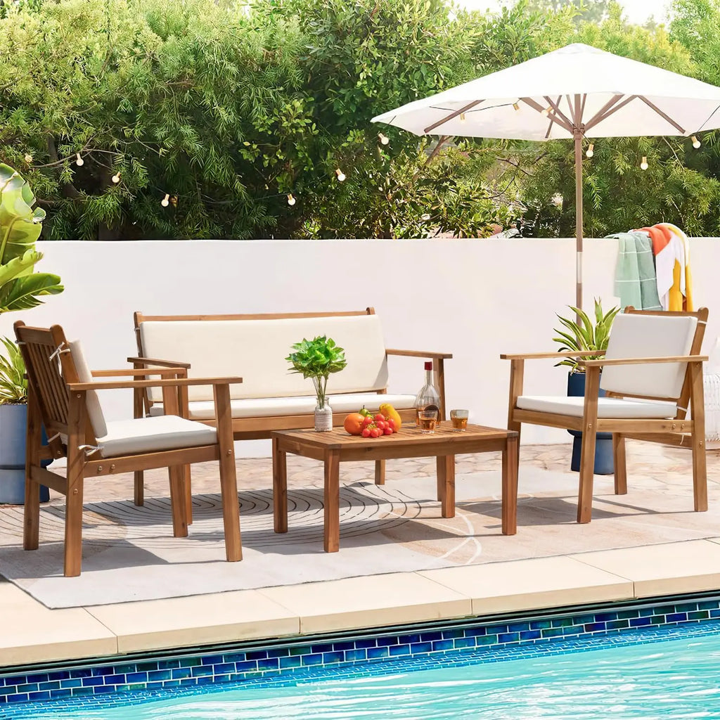 4-Piece Acacia Wood Patio Bistro Set Loveseat Coffee Table Cushion