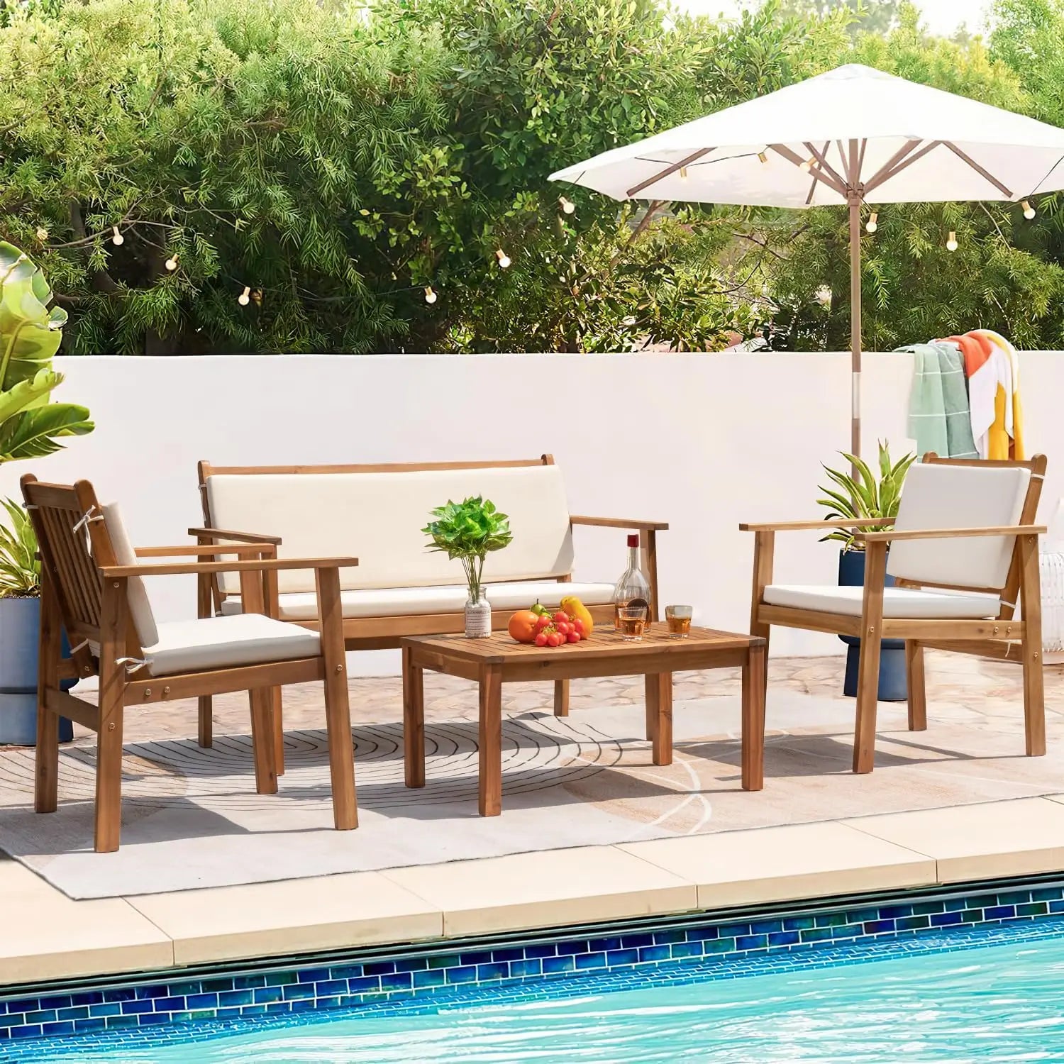 4-Piece Acacia Wood Patio Bistro Set Loveseat Coffee Table Cushion