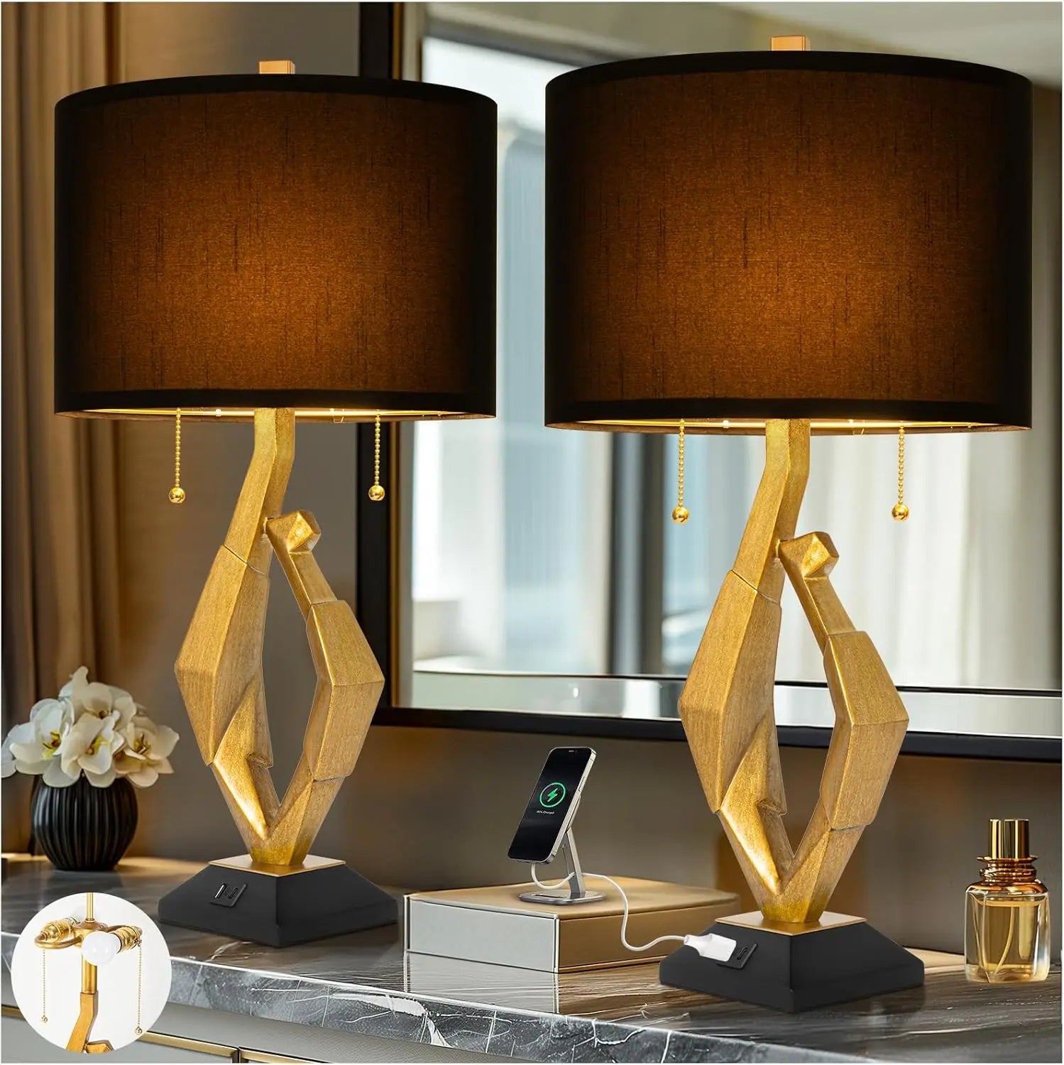 Table Lamp Set of 2 USB Ports Gold Leaf Finish