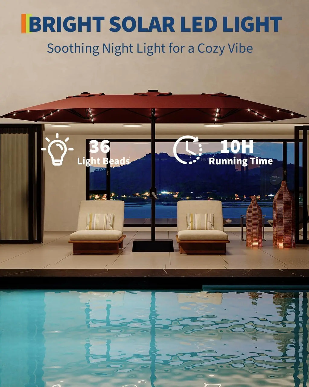 15Ft Rectangular Umbrella, Solar Lights 36 LED Lights, Base, Crank Handle