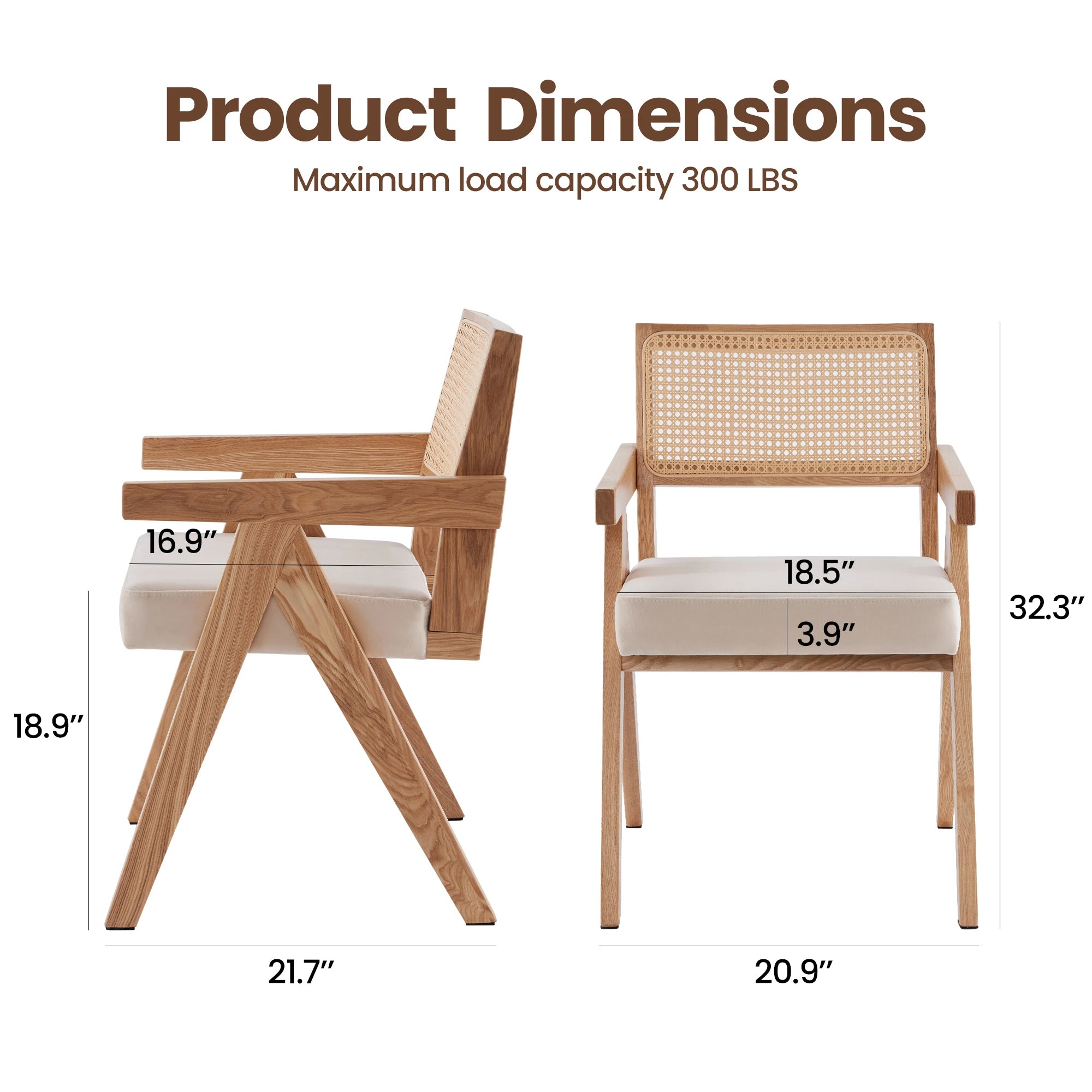 2 Rattan Chairs, Ash Wood Frame, Woven Rattan, Non-Slip Pads