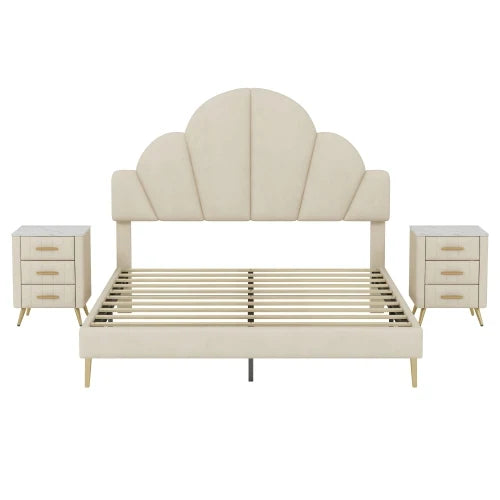 3-Pc Bedroom Set, Queen Velvet Frame, Petal Headboard, 3 Drawers Nightstands