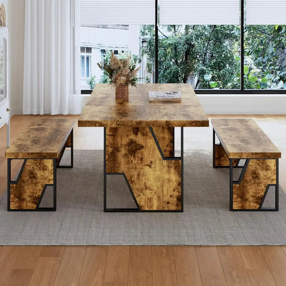Wood Dining Table 2 Benches for 4-6 People, Thickened MDF