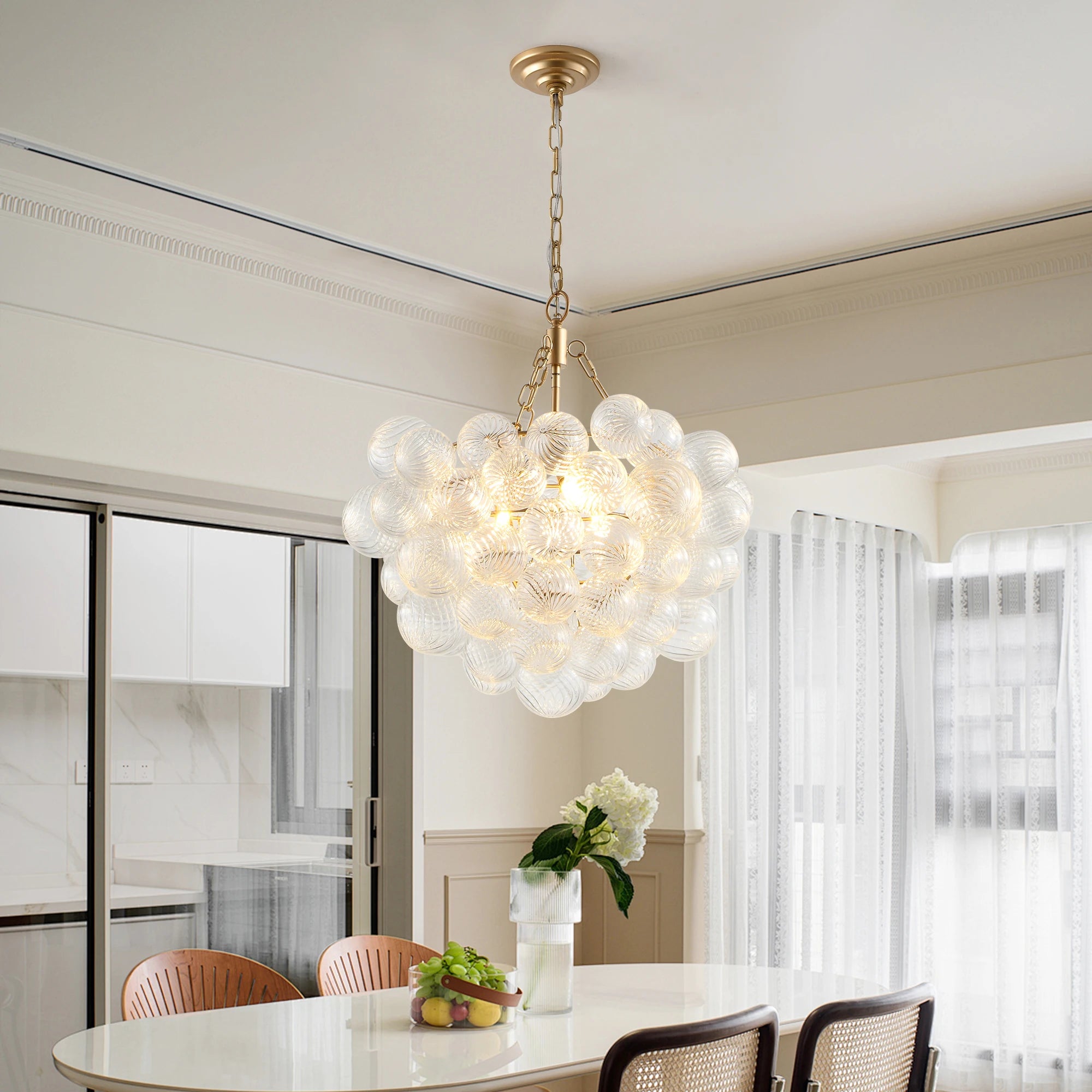 20" Gold Pendant Chandelier, Threaded Clear Glass Globe(No Bulbs)