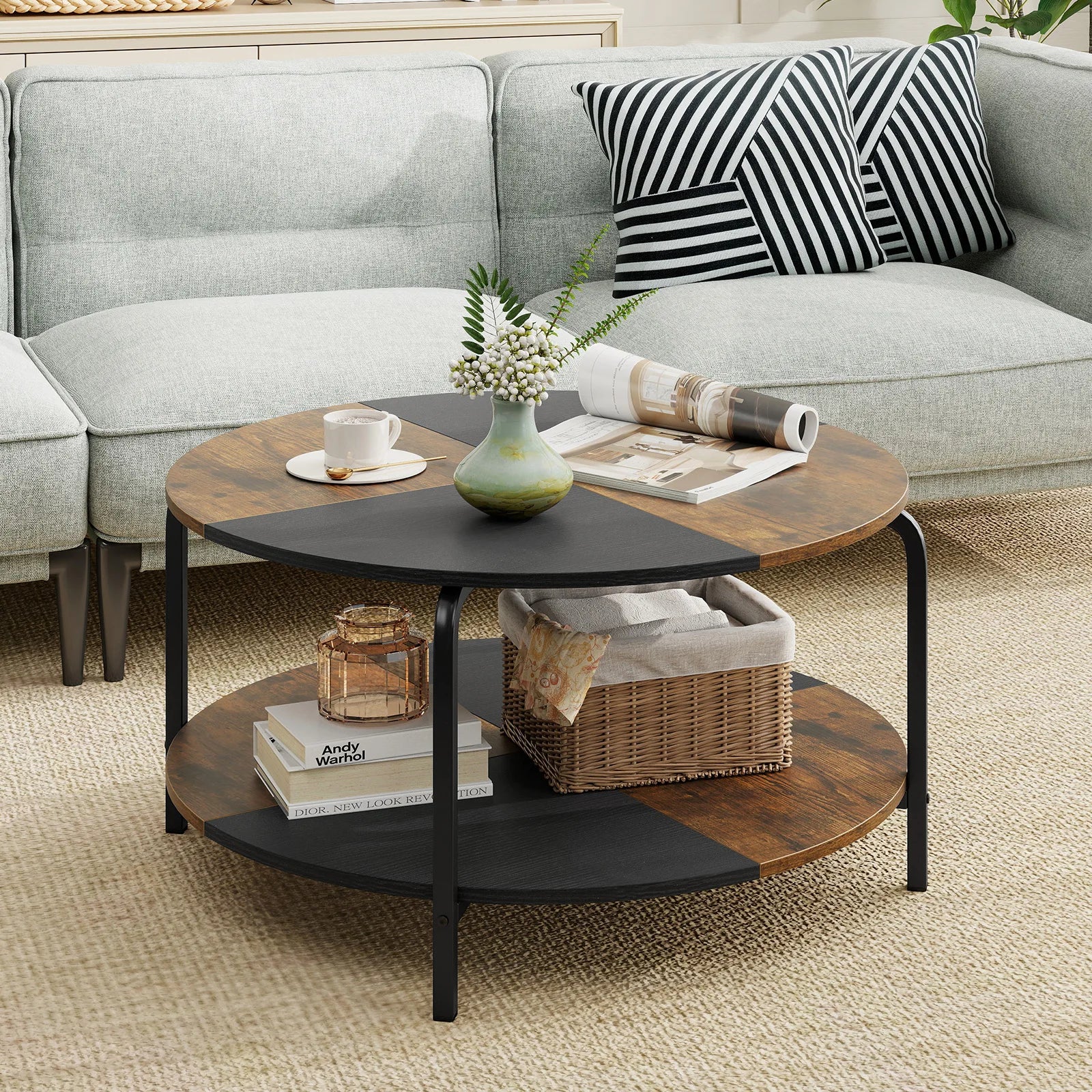 2-Tier Round Coffee Table w/ Storage Shelf, Metal Frame