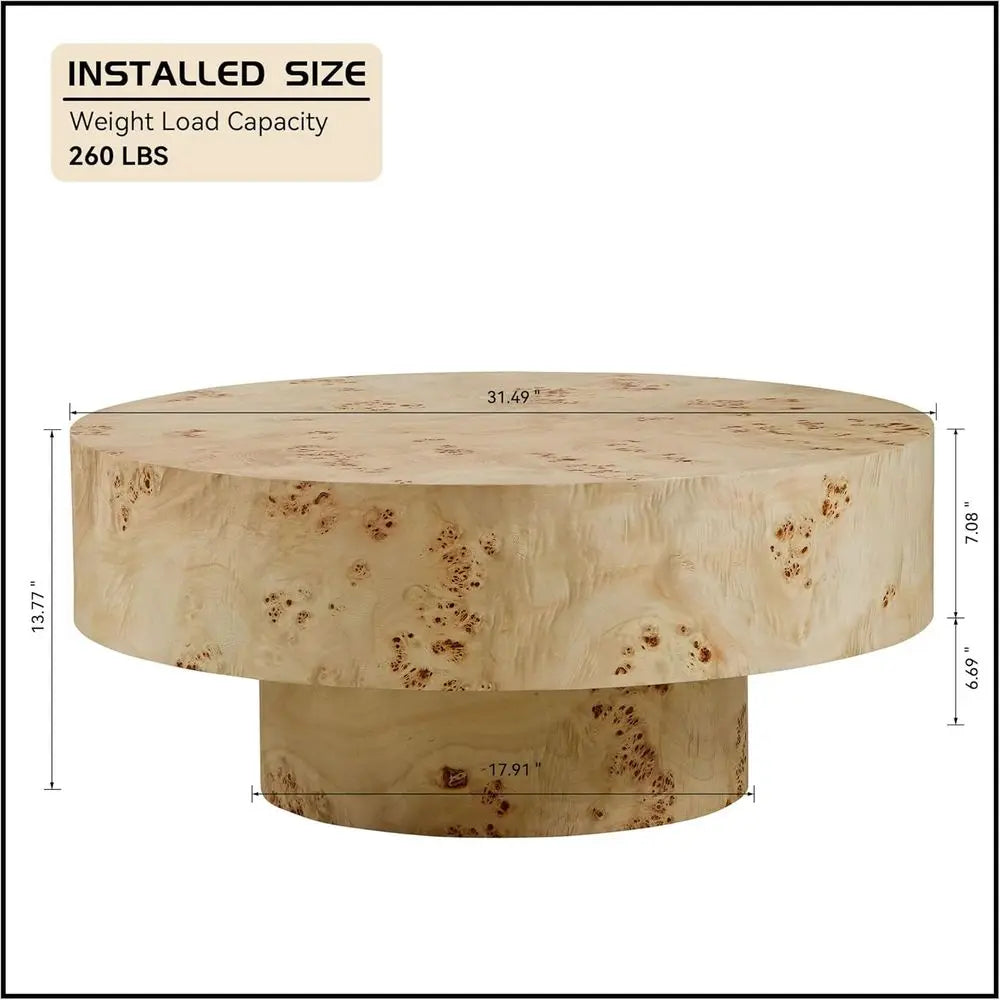 31.49" Burl Wood Veneer Circular Pedestal Coffee Table