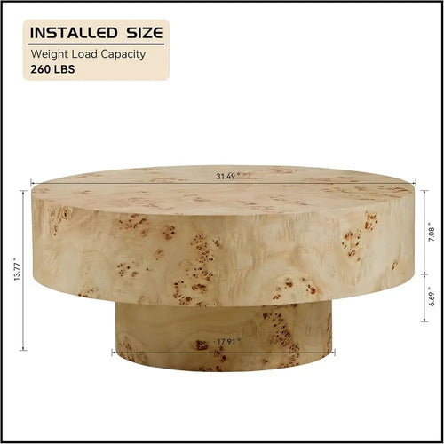 31.49" Burl Wood Veneer Circular Pedestal Coffee Table