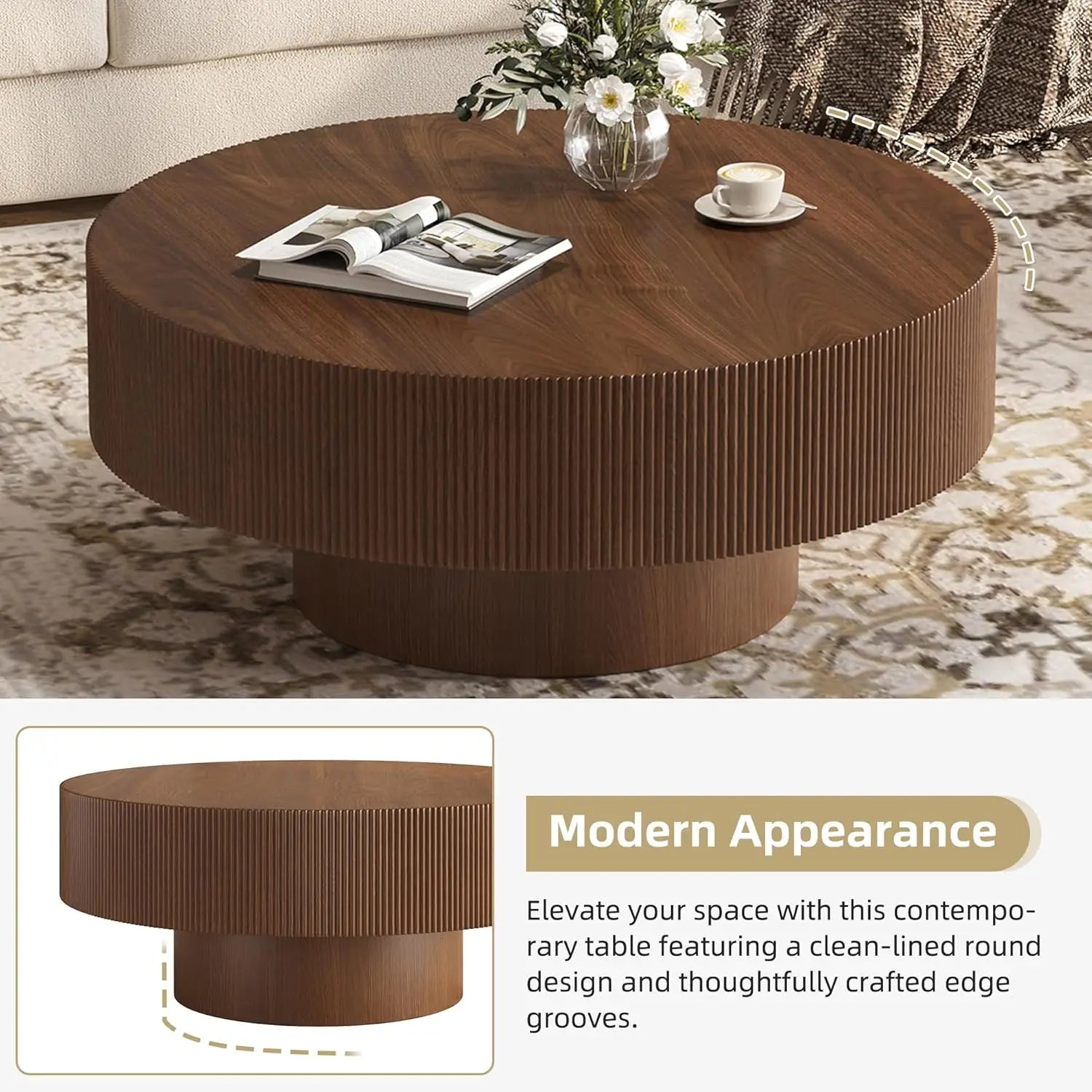 35.4IN Round Large Fluted Coffee Table, Sturdy Wood Base, Easy Assembly, Walnut