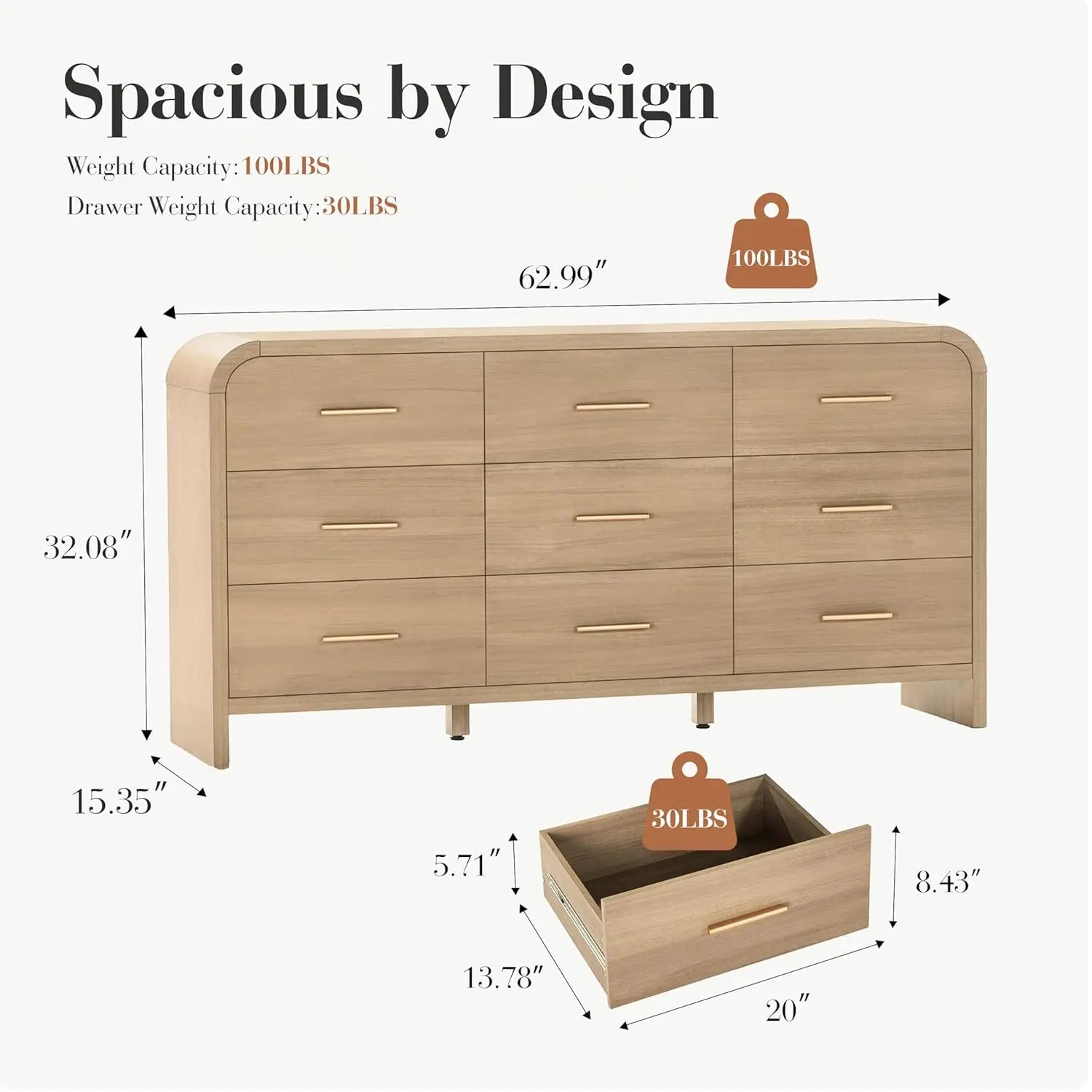 Curved 9-Drawer Dresser , 63IN Wide, Chest of Drawers, Vanity Desk, TV Stand