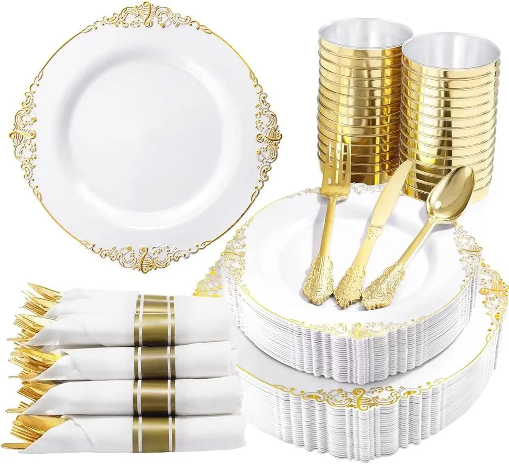 350PCS Plastic Gold Dinnerware for 50, Disposable Plates, Silverware, Cups, Napkins