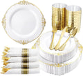 350PCS Plastic Gold Dinnerware for 50, Disposable Plates, Silverware, Cups, Napkins