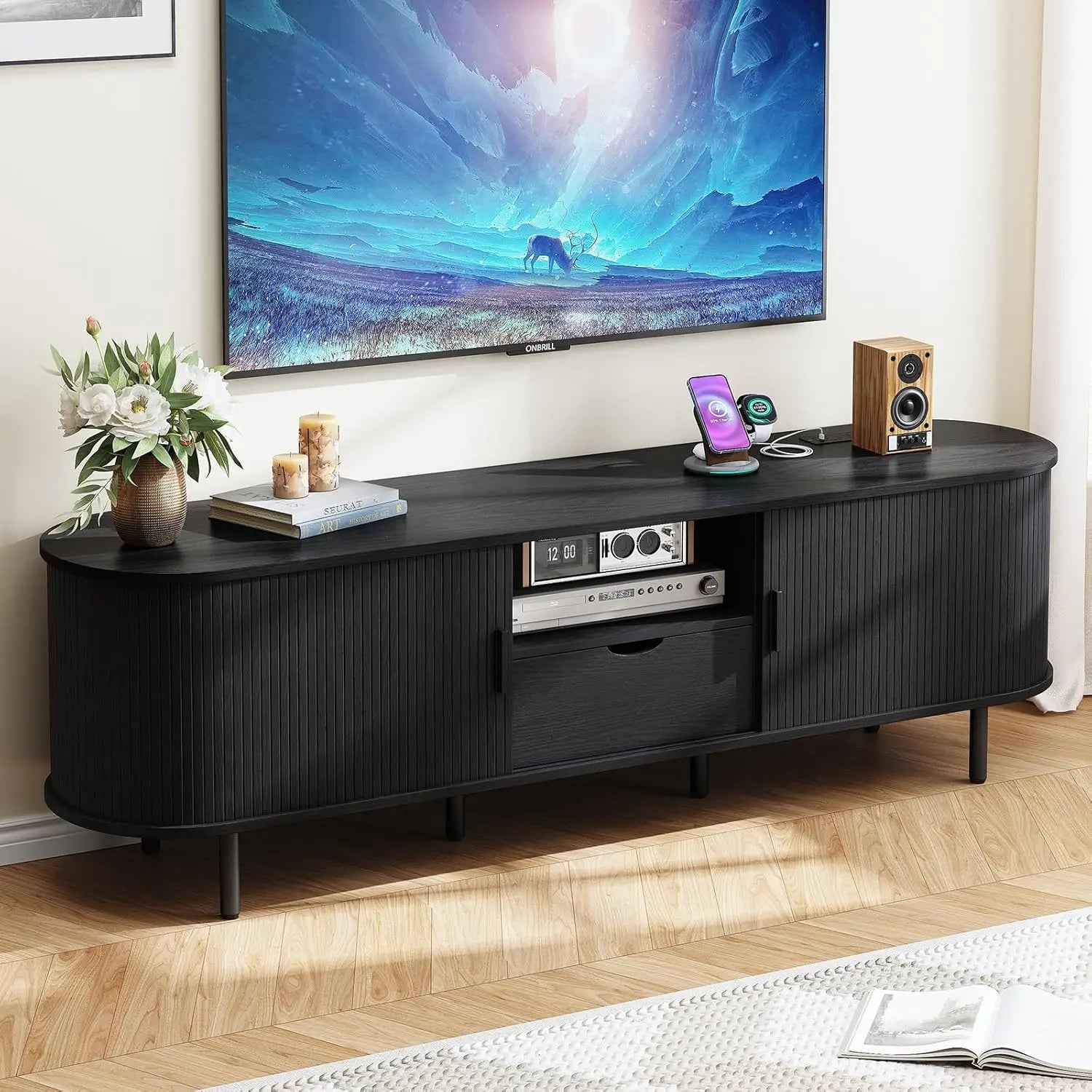 69" Entertainment Center, Storage, Drawer, Adjustable Shelves, Power Outlet for TVs up to 80"