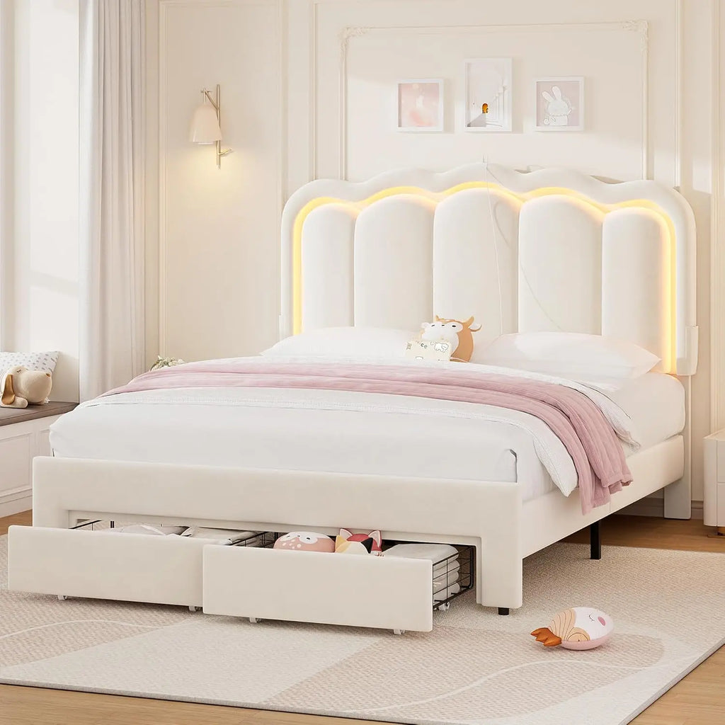 Velvet LED Bed Frame, 2-Drawers, RGB LED Adjustable Headboard, Charging Station