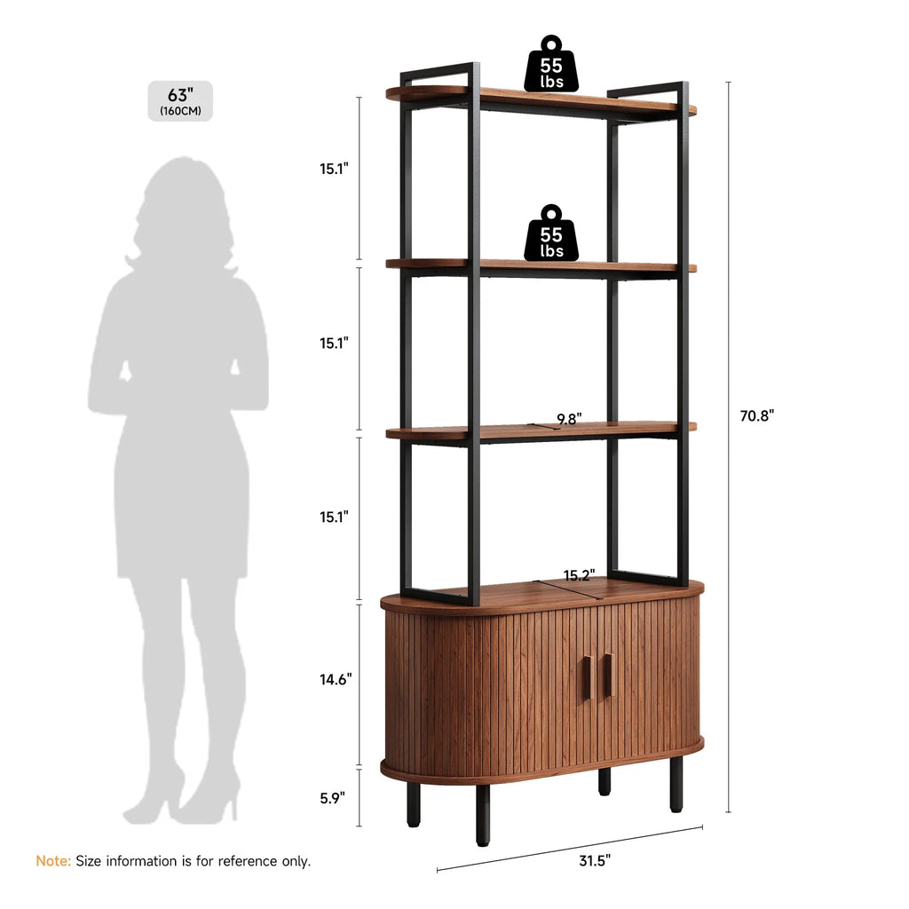 71" Tall, 4-Tier Book Shelf Cabinet, Sliding Door & Adjustable Footpad